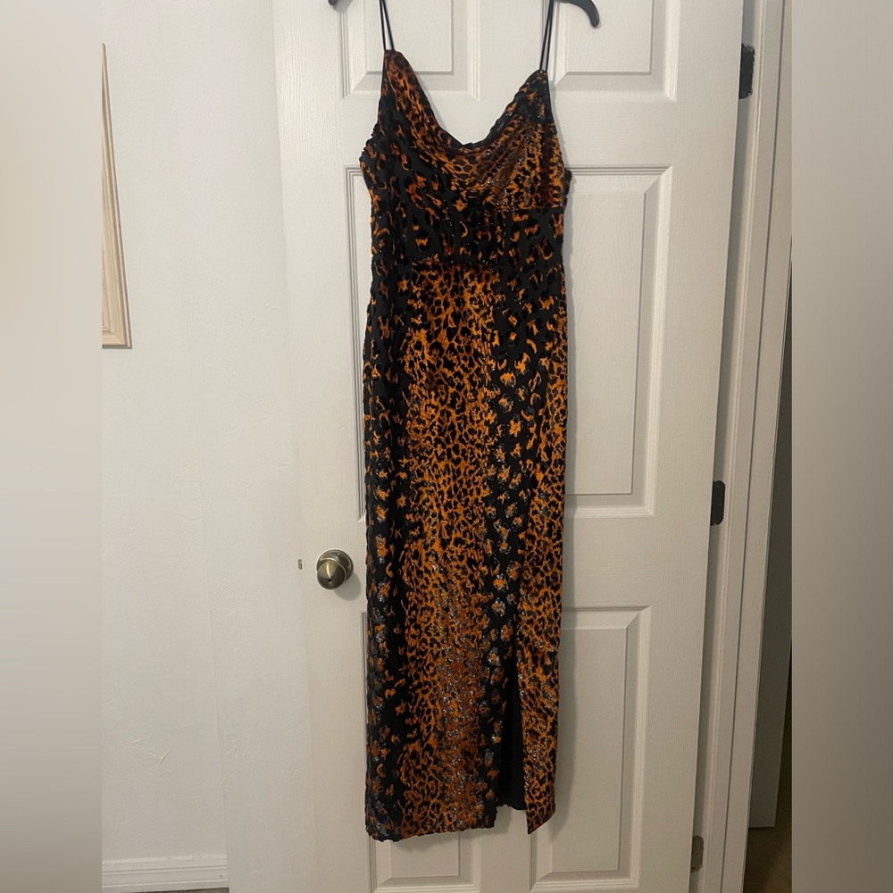 NBD x Revolve Velvet Animal Print Thigh Slit Dress